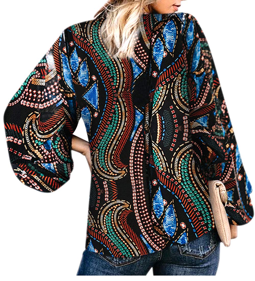 BABEIYXM Women\'s V Neck Boho Tops Balloon Sleeve Chiffon Blouses Floral Print Casual Loose Shirts L