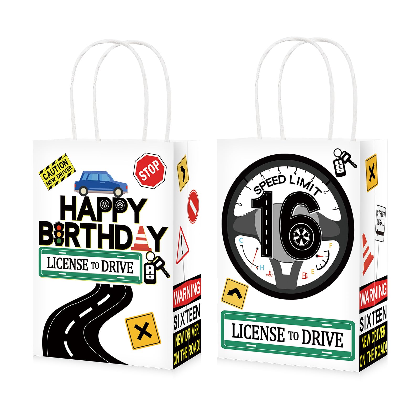 Photo 1 of 16Pcs Driver License Birthday Party Decorations Favors Bags Happy 16th Birthday Gift Paper Goodie Bags Car Road Signs Theme Candy Treat Pouch? with Handles for Boys 16 Years Old Decorations Supplies