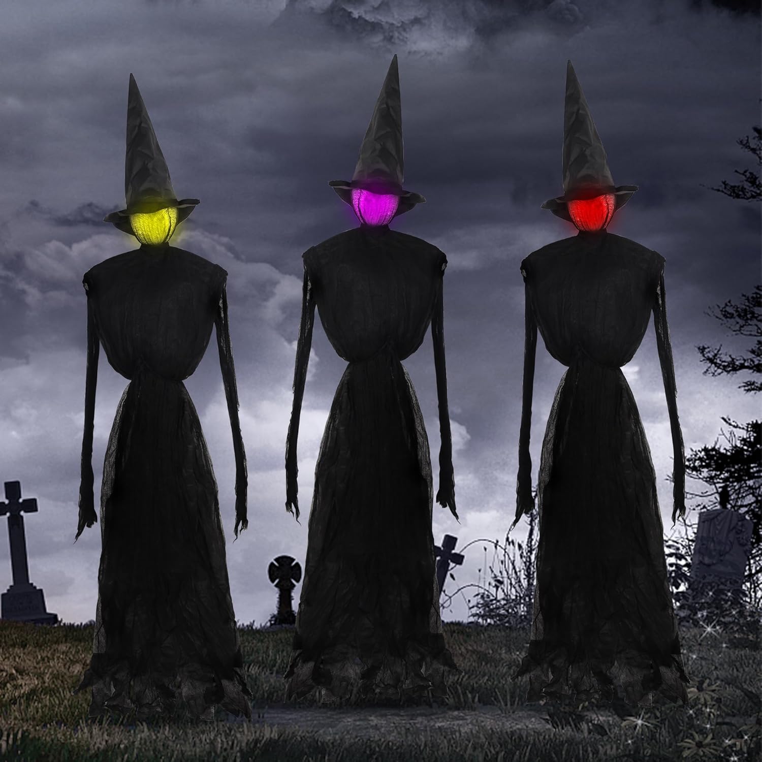 Decorative Garden Stakes - DR.DUDU 6 Ft Light up Witch Stakes Halloween Yard Decorations, Set of 3 Scary Witches with Multiple Colors LED Lights, Haunted House Props for Outdoor Garden Lawn Party Decor