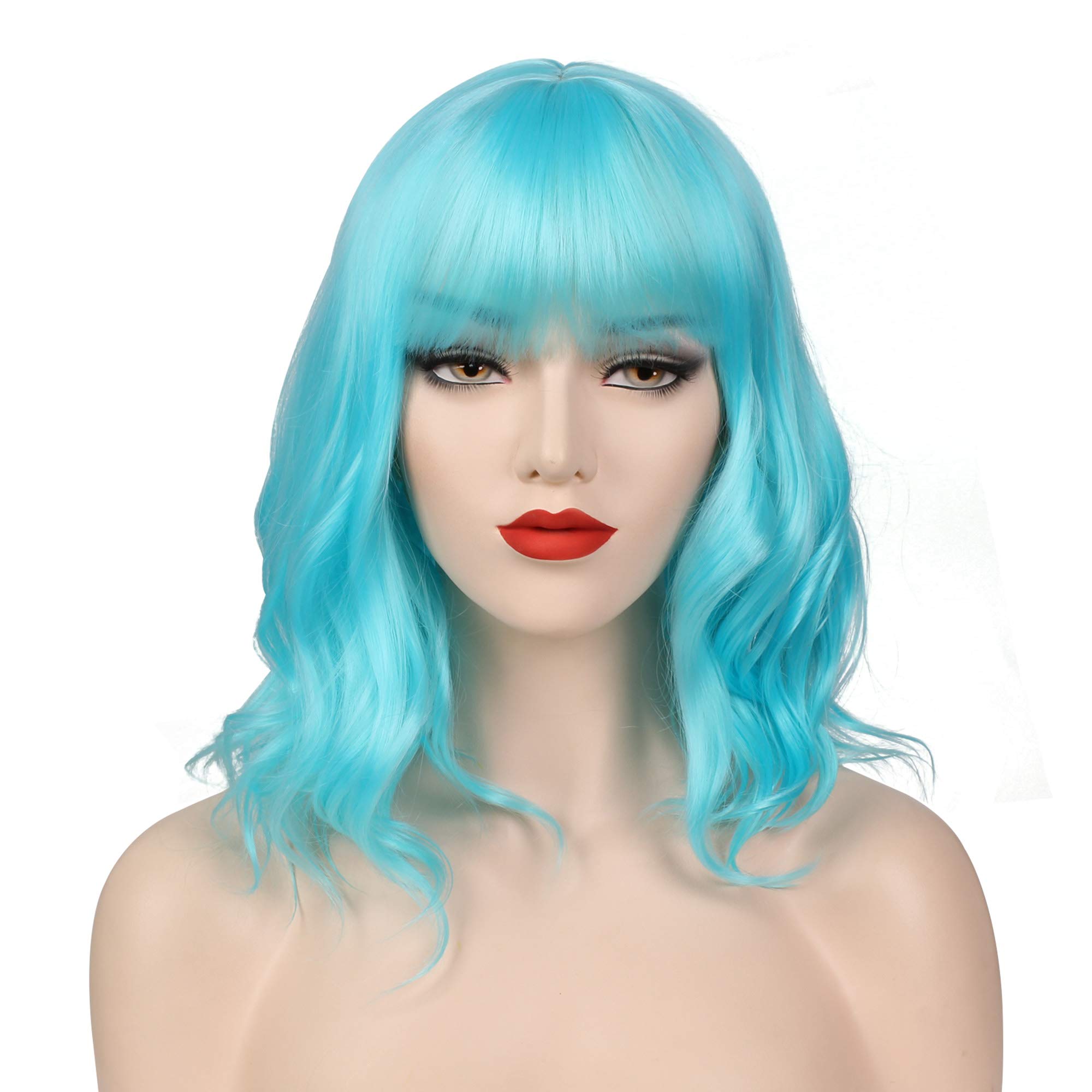 OKVGO Short Curly Bob Wig with Wig Cap for Women Cosplay Party and Daily Use Light Blue