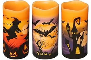 DRomance Halloween LED Flameless Pillar Candles Battery Operated with 6 Hour Timer Set of 3 Orange Wax Warm Light Flickering Witch Bats Castle Spooky Decals Halloween Decor Gifts(3 x 6 Inch)