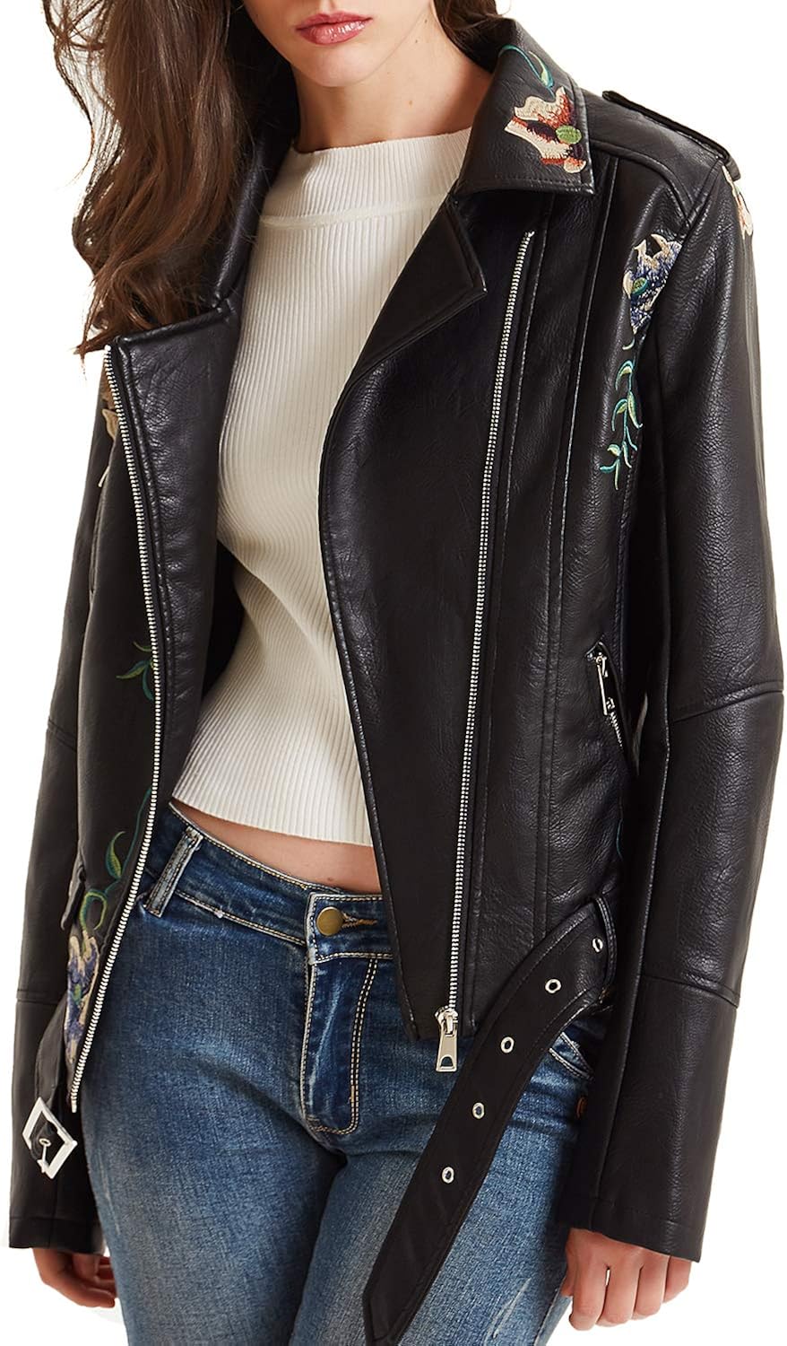 Geschallino Women's PU Leather Jacket, Moto Biker Jacket with Zip Pockets, Vintage Short Coat for Autumn, Spring at  Women's Coats Shop