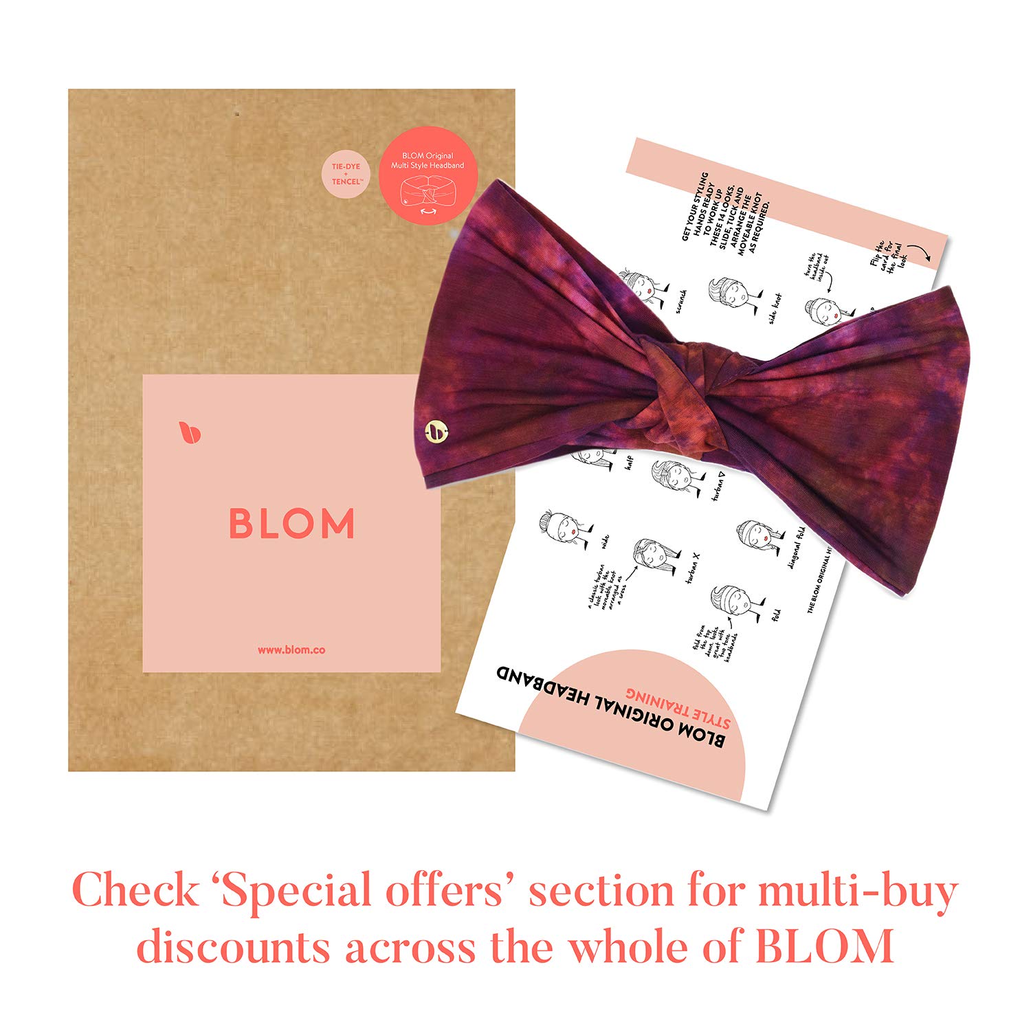 BLOM Original Tie Dye Headbands for Women. Traditionally dyed in Bali. Wear for yoga, fashion, working out, travel, or running. Wear wide turban knotted. Multi style design. Eco Fabric. (Passionfruit): Beauty