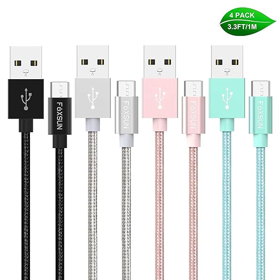 Foxsun Micro USB Kabel, [4-Pack 1M] Nylon 2.4A USB Ladekabel geflochtenes High Speed Sync Und Datenkable Ladekabel für Samsun