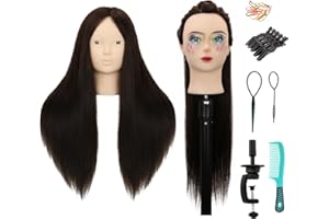 WDQXCQA Mannequin Head Human Hair With 70% Real Human Hair Mannequin Head Human Hair 22inch Hairdresser Practice Training Head Cosmetology Manikin Doll Head (no makeup#4 Dark Brown)