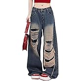 Lafaguw Baggy Jeans for Women Men Ripped Straight Leg Pants High Waisted Distressed Jeans Y2K Grunge Summer Clothes.