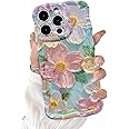 Sayoaho Compatible with iPhone 11 Pro Max Case for Women, Cute Curly Wave Frame Shape, Colorful Retro Oil Painting Flower Laser Beam Glossy Pattern, Compatible with iPhone 11 Pro Max, Blue