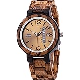 BOBO BIRD Week and Date Multi-Functional Display Men's Zebra Wooden Quartz Watch Lightweight Handmade Casual Wristwatches with Gift Box