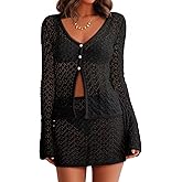 Fisoew Womens Crochet 2 Piece Cover Up V Neck Bell Sleeve Button Cardigan Sheer Mesh Beach Mini Skirt Coverup Set
