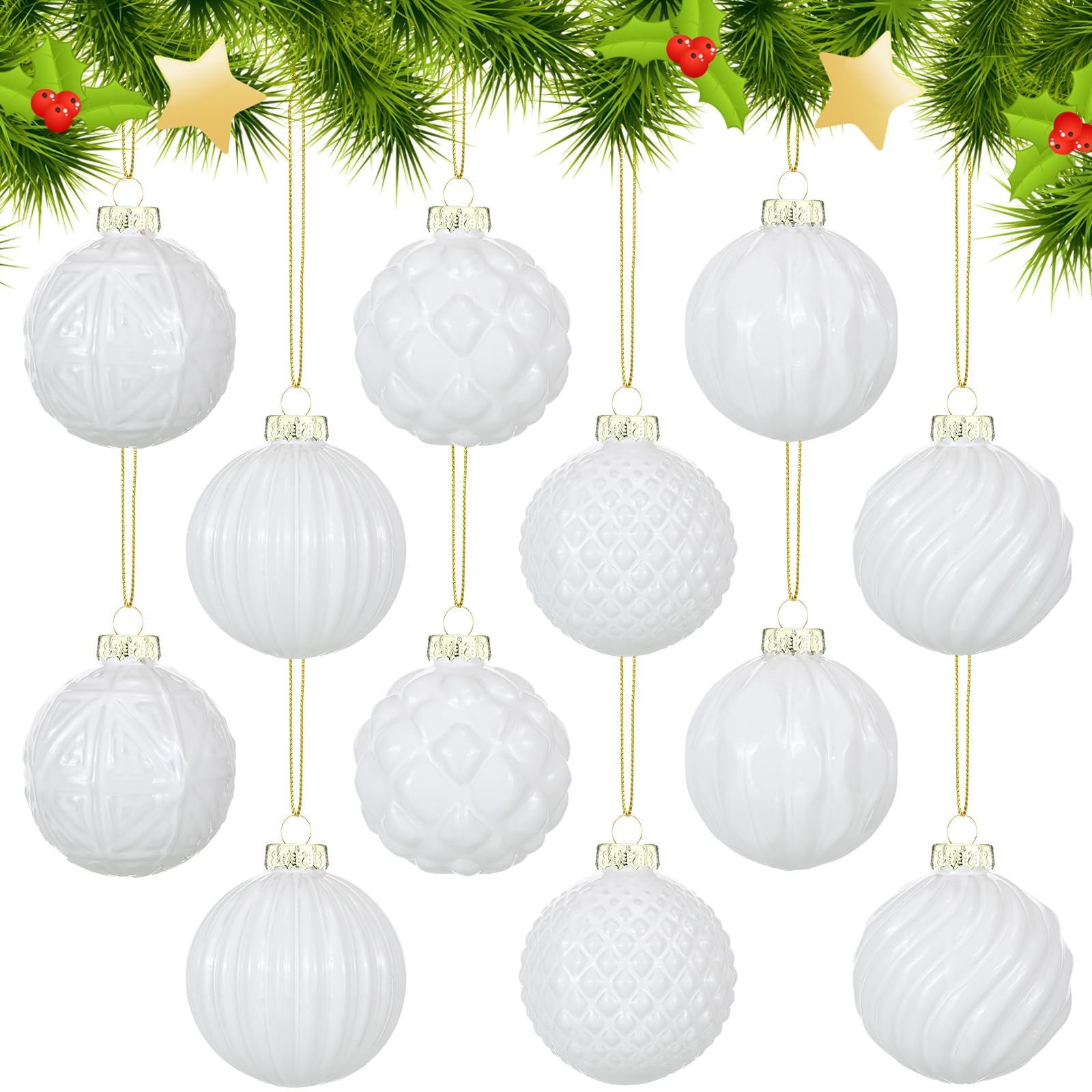 Photo 1 of Jenaai 12 Pcs 2.36 Inch White Glass Christmas Ball Ornaments Vintage Christmas Tree Decorations Mercury Glass Hanging Ornaments for Holiday Xmas Trees Party Garland DIY Craft Supplies, 6 Style