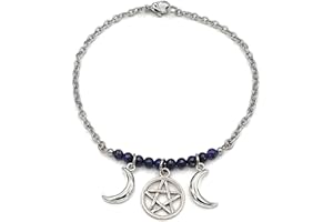 Triple Moon Anklet with Pentacle - Triple Goddess Ankle Bracelet - Witchy Jewelry - Pagan, Wiccan, Moon Phases (8 IN, Light g