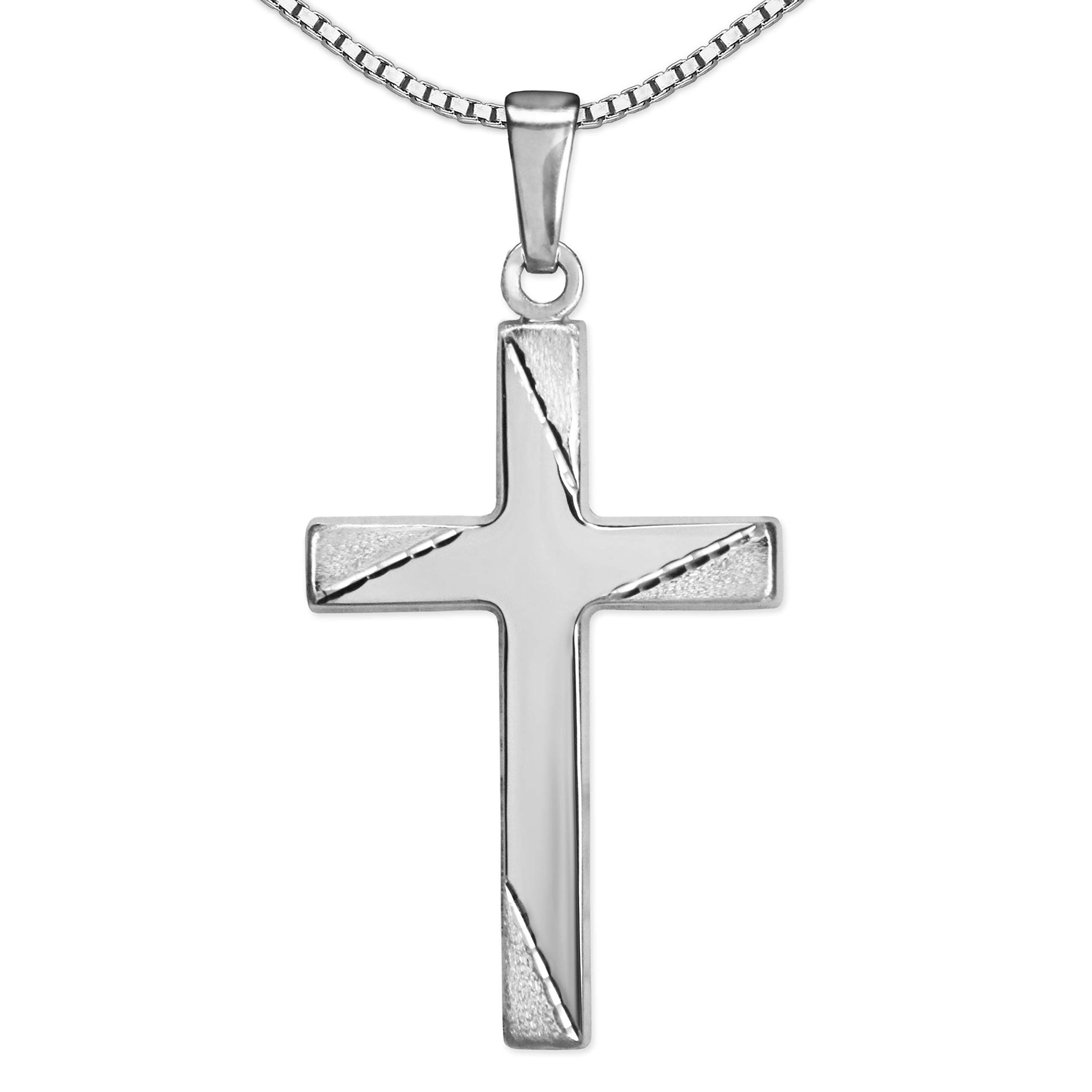 Clever Schmuck Silver Youth Cross Pendant 21 x 14 mm Shiny Cross Ends Satin Finish with 4 Decorative Lines Diamond-Coated and Venice Chain 45 cm 925 Sterling Silver