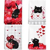 SmoothNovelty 4 Pcs Cats Valentine's Day Kitchen Towels - Black Cat Red Heart Dish Hand Towels Valentines Day Bathroom Decor for Kitchen Anniversary Home Decorations Couple Gifts 26 x 17 Inch