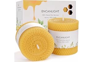 ENCANLIGHT Beeswax Pillar Candles, 3x3 in Hand-Rolled Honeycomb Bees Wax Candle 2 Pack - Dripless and Smokeless, 9 Hours Long Burning for Home Decor Party Wedding Dinner