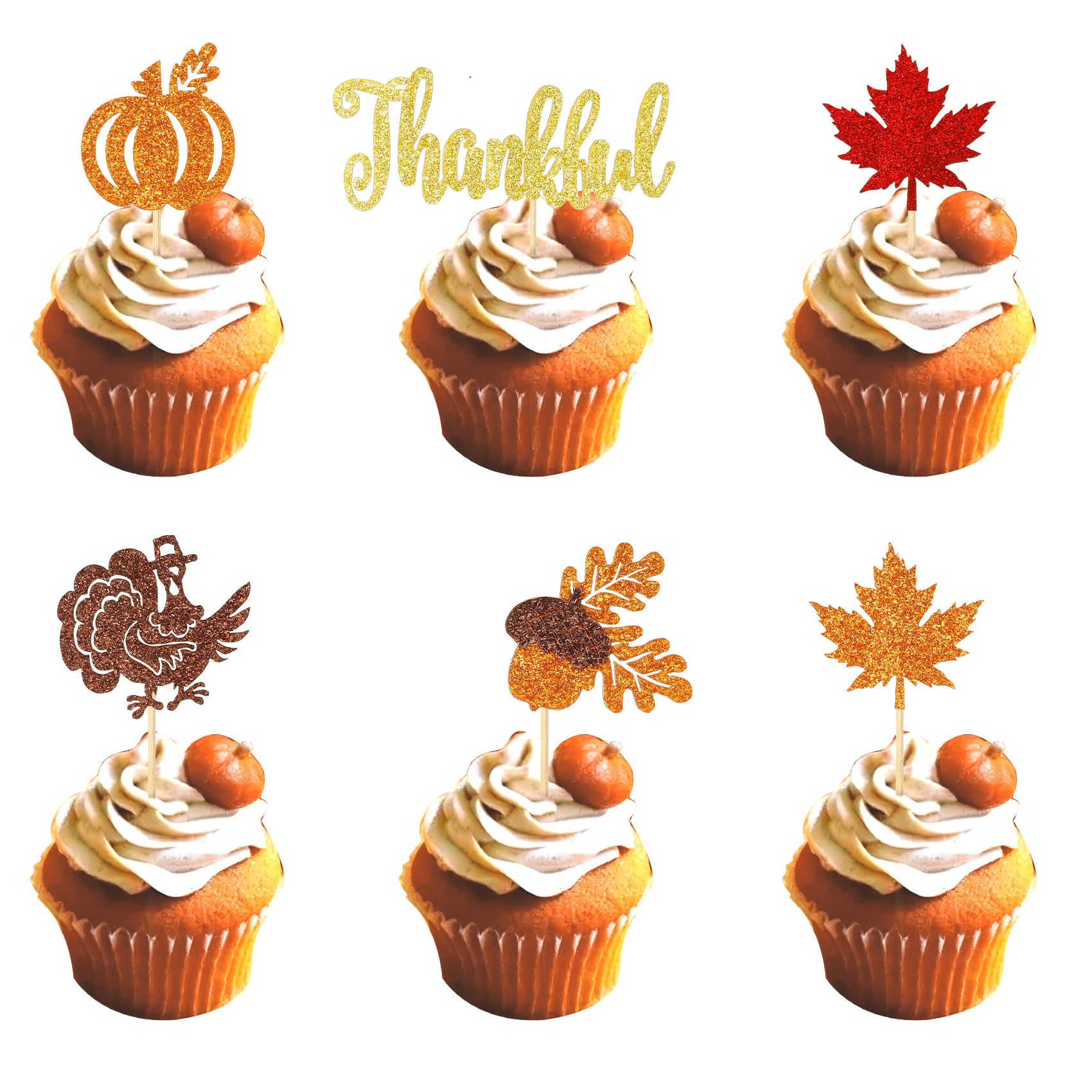 Photo 1 of 24 Pcs Thanksgiving Cupcake Toppers, Autumn Maple Leaf Fall Cupcake Toppers, Glitter Pumpkin Turkey Fall Harvest Theme Cake Picks for Autumn Festival Thanksgiving Day Baby Shower Birthday Party Decor