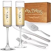 VARLKA Wedding Cake Knife and Server Set, Mr and Mrs Champagne Flutes & Forks with Wooden Box, Silver Cake Cutting Set for Wedding Engagement Bridal Shower Gifts