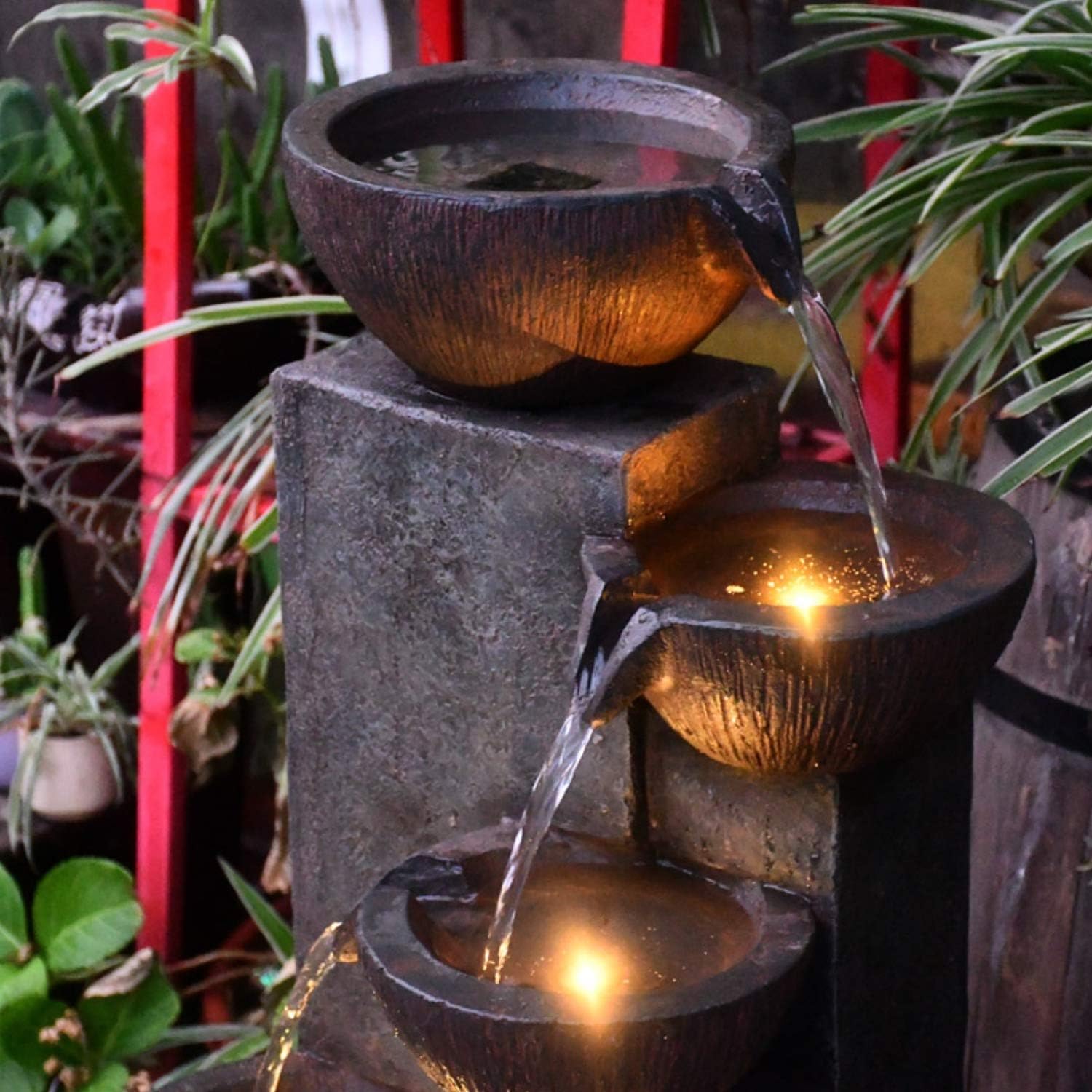 GF Gardenfans 5-Tier Outdoor Water Fountain Decor with LED Lighting Natural Looking Stone Resin Fountain Decor for Garden Patio Fold Court Yard Deck 12.99〃 L x 13.78〃 W x 39.76〃 H: Home & Kitchen