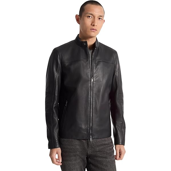 Michael Kors Men's Moto Leather Jacket with Perforated Detailing