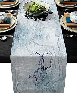 IDOWMAT Linen Burlap Table Runner Dresser Scarves 13 x 90 Inch, Light Blue Marble Kitchen Table Runners for Farmhouse Dinner, Holiday Parties, Wedding, Events, Decor