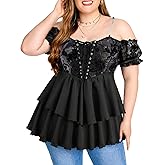 ROSE GAL Women Plus Size Elegant Summer Cold Shoulder Top Floral Flocking Lettuces Lace-up Layered Tunic T-Shirt