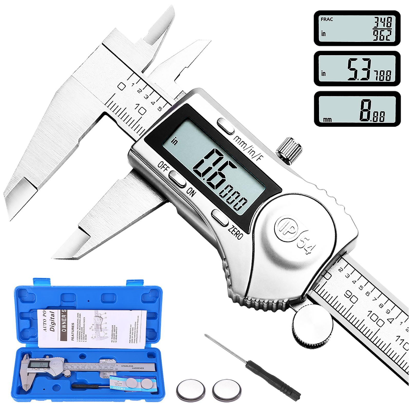 Photo 1 of Digital Caliper, Calipers Measuring Tool with Stainless Steel, IP54 Splash Proof, Large LCD Screen, Easy Switch from Inch Metric Fraction, 6 Inch Digital Micrometer for Household Office Essentials