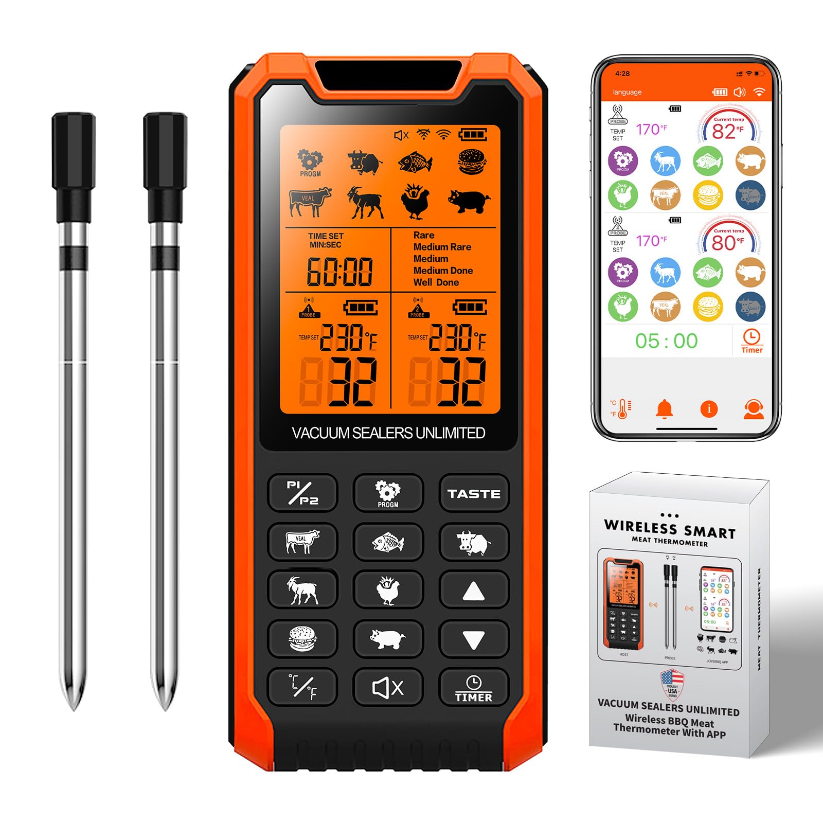 Photo 1 of VACUUM SEALERS UNLIMITED Smart Bluetooth Meat Thermometer - Long Range Wireless Food Thermometer, Temp Monitor with Dual Probes for BBQ, Oven, Grill & Smoker-Effortless Steak, Pork, and Turkey Cooking