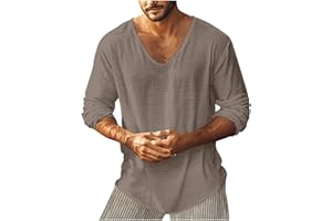 Xiaojmake Linen Shirts for Men Long Sleeves V-Neck Solid Curved Loose Hippie T-Shirts Summer Casual Tees Blouse Daily Tops