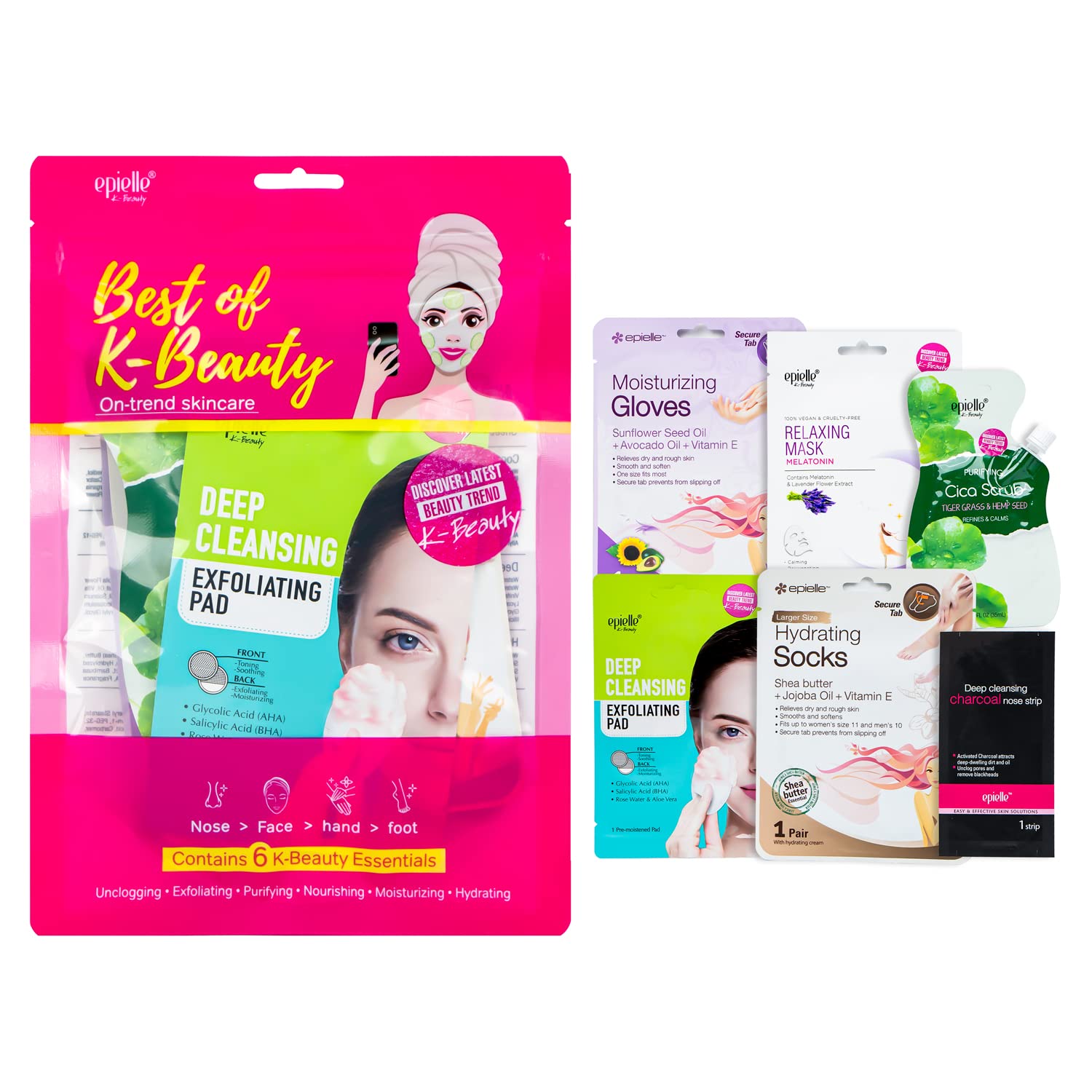 Epielle Best of K-Beauty Kit, 6 Home Spa Essentials, Exfoliating, Purifying, Moisturizing & Hydrating for Radiant Skin, At-Home Spa Kit, Self Care Gifts for Women, Korean Skin Care Set