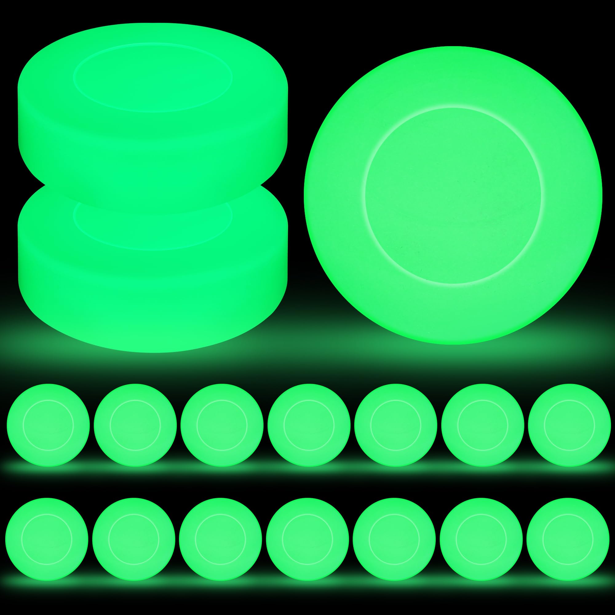 Photo 1 of Elcoho 6 Pcs Flat Ice Hockey Puck, Glow in The Dark Party Pucks, Green Floor Puck Bulk with Drawstring Bag for Youth Adults Outdoor Indoor Sports Games Practicing & Training, 2.8 x 0.8 Inch