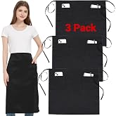 3 Pack Black Server Waist Apron with 3 Pockets for Waitress Waiter Unisex | Dirt, Water Resistant, Long Straps, Work Aponrs for Women Man, Bistro Apron for Cooking Restaurant Chef Bar, Kitchen, Cafes