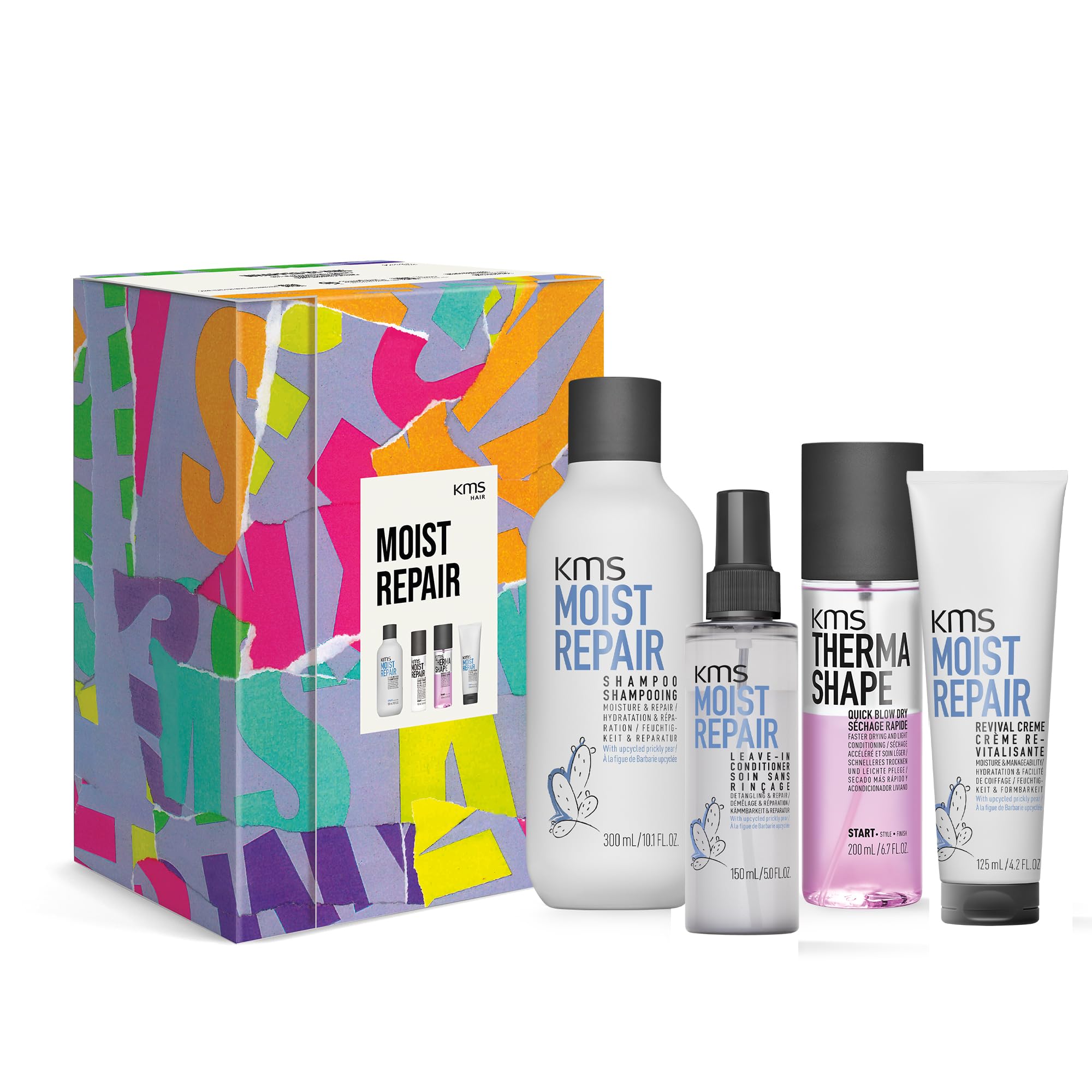 KMS Moist Repair Set with Shampoo 300ml, Leave-in Conditioner 150ml, Quick Blow Dry 200ml and Revival Creme 125ml