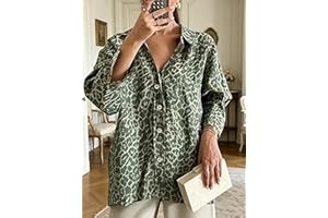 Women's Oversized Leopard Print Linen Blend Shirt - Casual Loose Fit Long Sleeve Button Down Blouse for Summer