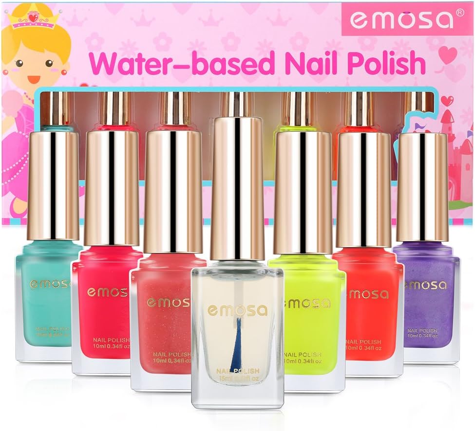 emosa Peelable Nail Polish Makeup Kit Natural Non Toxic Chemical Free Water Based Fast Drying Nail Varnish Gift Set for Little Girls,Toddler,Kids,Women (Easy Peel Off, 7 Bottles)