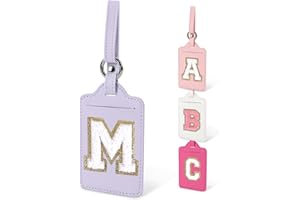 IQIMOTT Personalized Initial Luggage Tags for Suitcases, Cute PU Leather Travel Letter Luggage Tags,Suitcase Identifier Name Baggage Tag,Bag Tags for Men Women Kids Luggage Handbags(Purple-White M)