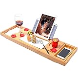 Bamboo Bathtub Trays Bath Table Expandable Luxury Caddy Tray with Extending Sides, Cellphone,Book,Tray and Wineglass Holder- 