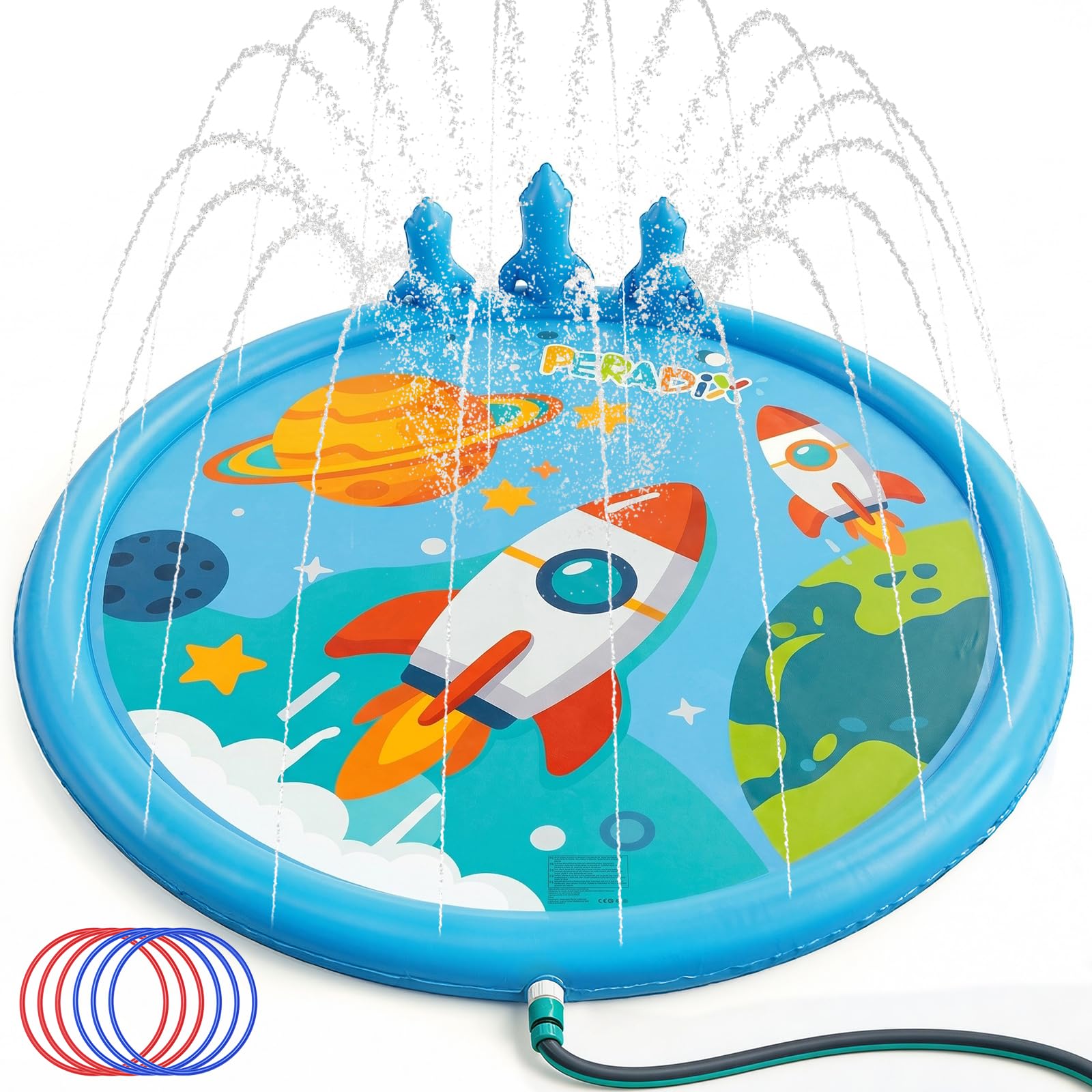 Peradix 2-in-1 Raketen Sprinkler Spielmatte & Ringwurfspiel für Kinder – Wasserspielmatte mit 6 Wurfrigen (3X Rot, 3X Blau) für draußen, rutschfeste Planschbecken Matschmatte für Garten und Sommer