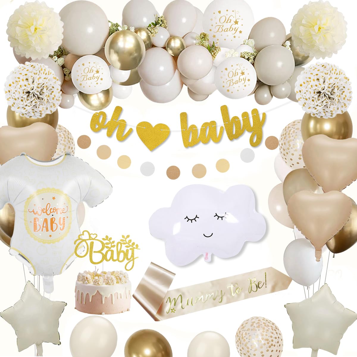 Baby Shower Decorations, Gold Baby Shower Decorations for Boys Girls Gold White Balloons Mummy to Be Sash Cake Topper Banner for Gender Reveal Party Decoration