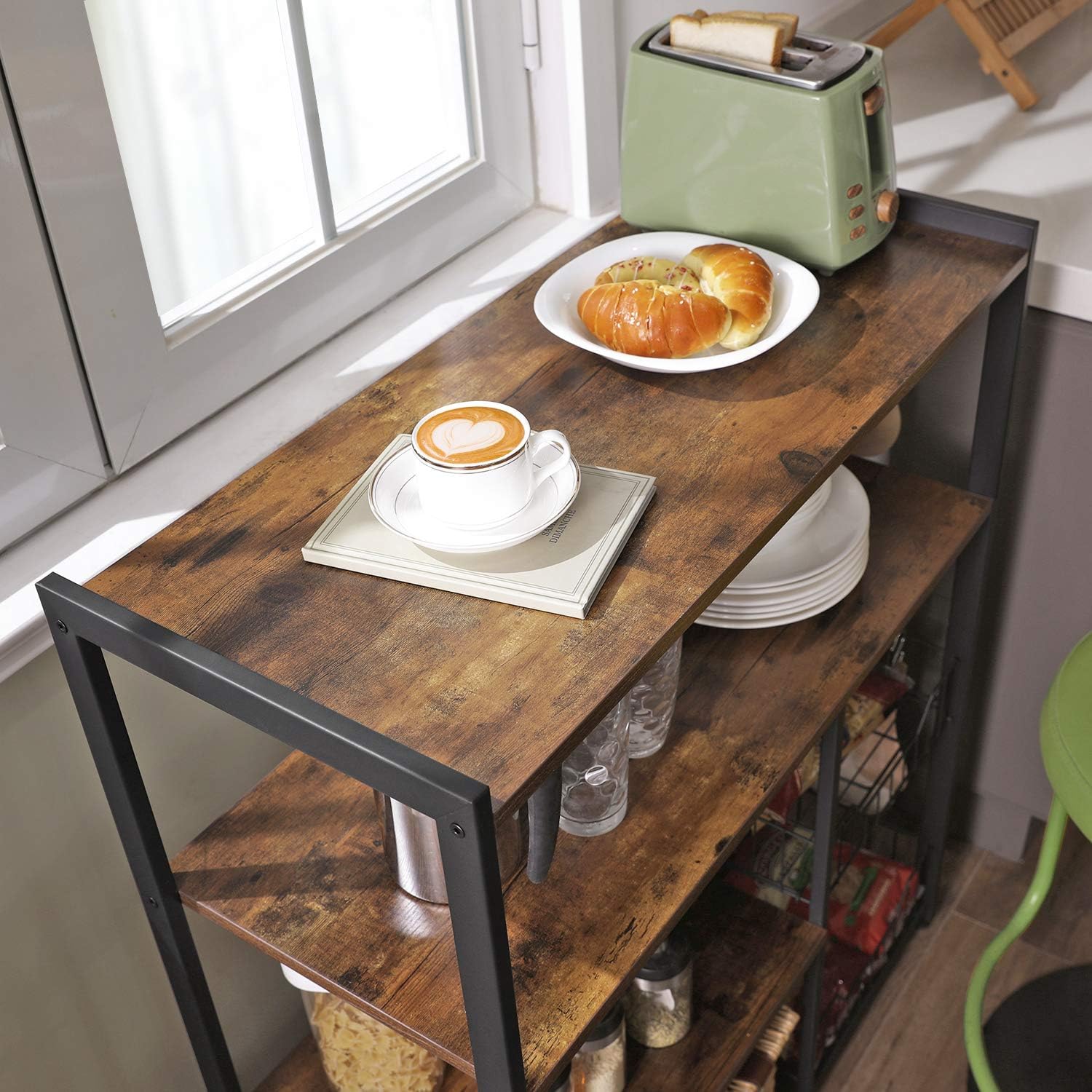 VASAGLE ALINRU Kitchen Baker’s Rack, Industrial Kitchen Shelf with 2 Mesh Baskets and 6 Hooks, Microwave Oven Stand, Rustic Brown UKKS96X - Standing Baker's Racks