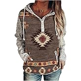 Floerns Women's Western Tribal Aztec Print Half Button Hoodies Vintage Long Sleeve Drawstring Hooded Sweatshirts