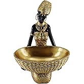 Lescafita Handmade African Seated Woman Sculpture - Gold Tribal Figure Holding Basket, Resin Home Decor for Shelf/Table, Unique Cultural Gift (9" H)