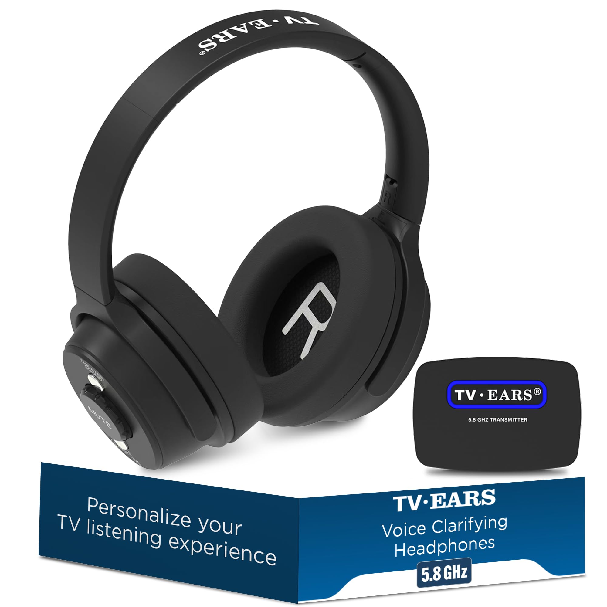 TV · EARS 5.8 GHz Wireless Headphones System for TV, Voice Clarifying for Listening & Watching Experience with Rechargeable Batteries, Adjustable Sound, Works with most TV Brands, Range up to 100 Feet