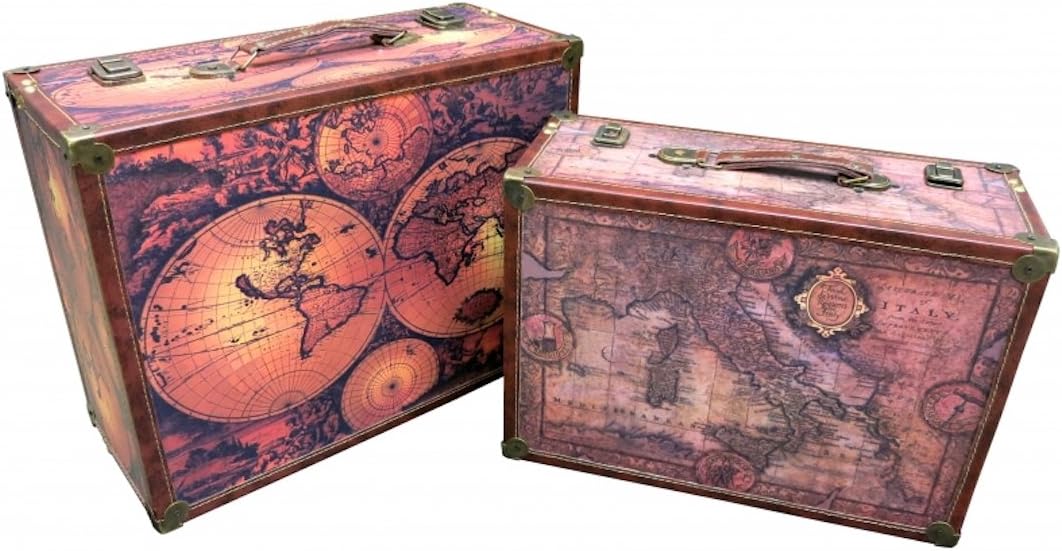 Luxury Vintage Style Wooden & Canvas Suitcase Storage Trunk Box Set- Map of the Globe, Italy.