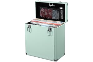 Hododou Record Storage Case Holds 30+ Single Records(12-inch) Vinyl Turntable Records Heavy-Duty Hardware Hinges Smart Metal Corners Portable with Lid Handle Mesh Pouch for Valuable Album Collection