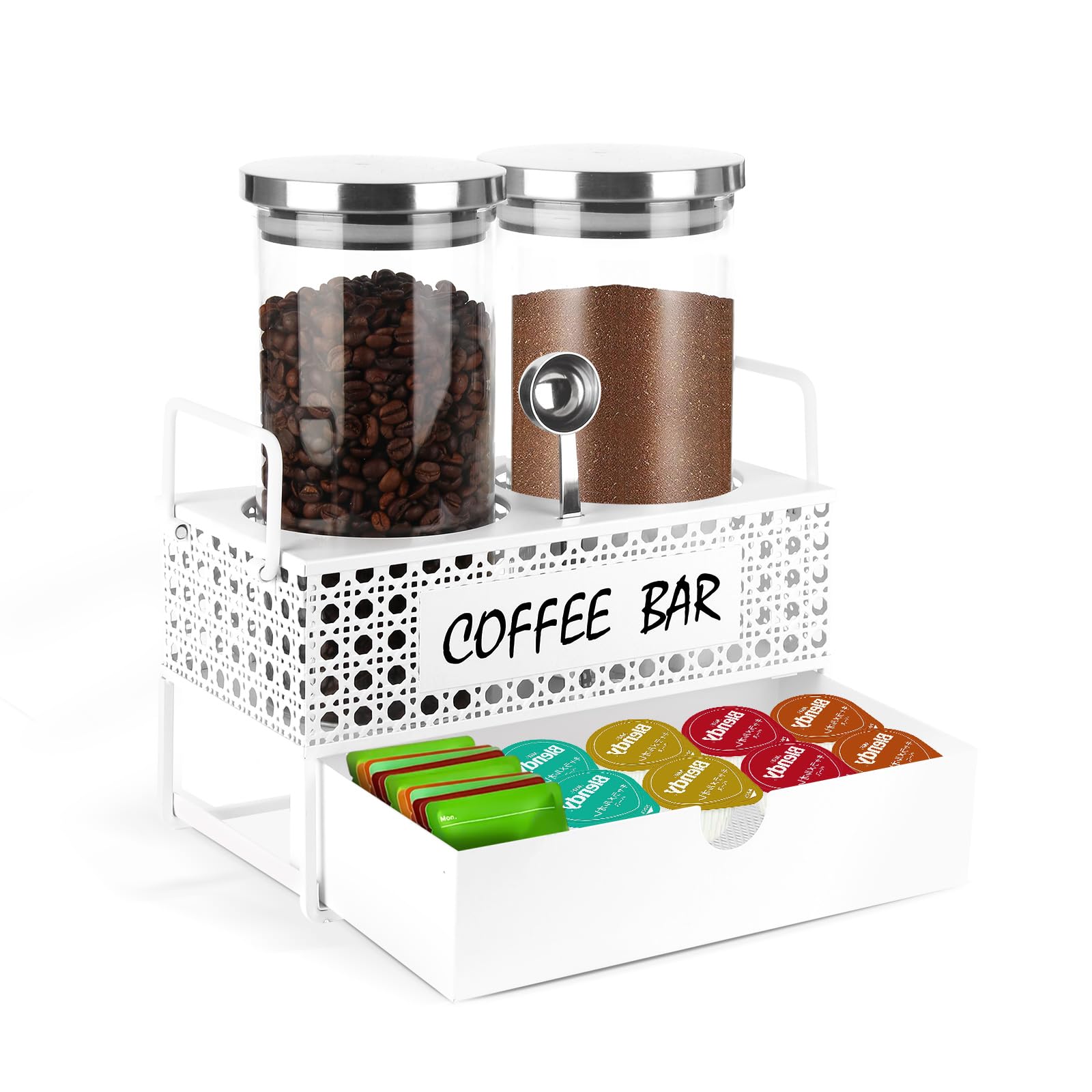 Photo 1 of DYGZBLHT Glass Coffee Container with Shelf, 2x47oz Sugar Coffee Canister for Ground, Coffee Bean Storage Jar with Coffee Scoop for Kitchen Coffee Bar Décor and Accessories -White