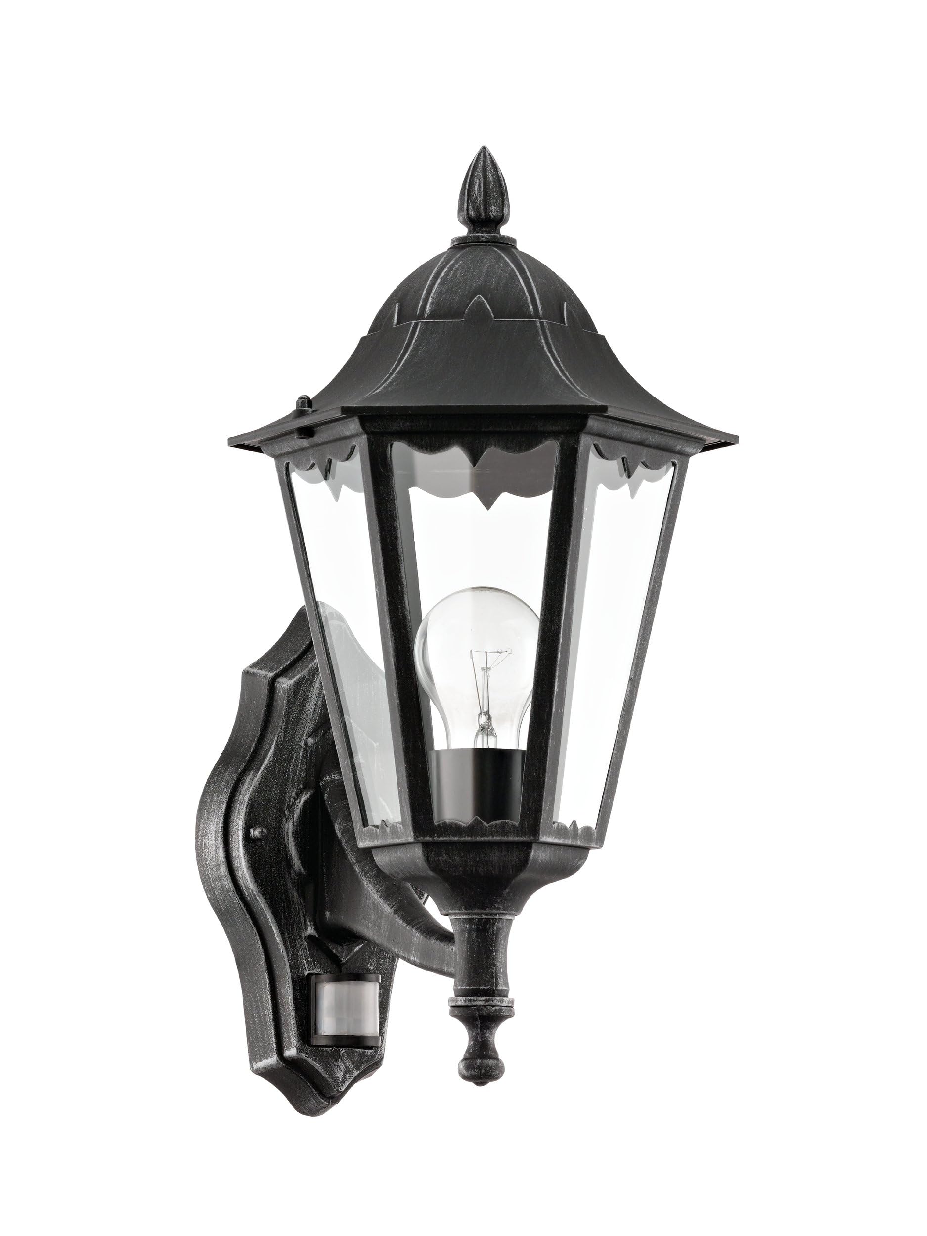 Eglo Navedo 1-Bulb Outdoor Wall Lamp, 6 Panel Lantern incl. Motion Detector, Made of Cast Aluminium and Glass, Colour: Black, Silver Patina, Socket: E27, IP44
