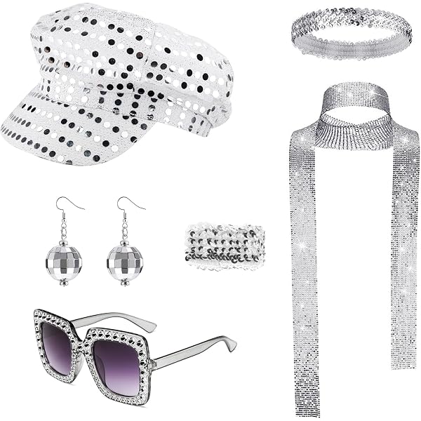 70s Disco Costume Accessories Set Hat Earrings Necklace Sunglasses Women\'s JZROCKER 5Pieces 70s Disco Dress up Jewelry Set, Sunglasses  main image 4