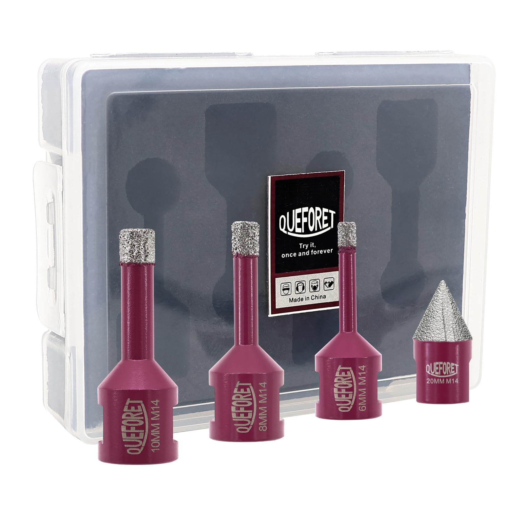 QUEFORET Diamond Drill Bits Set 4pcs - 3pcs 6/8/10mm x M14 Hole Saw, 1pc 20mm Beveling Bit for Ceramic Porcelain Tile Marble Granite