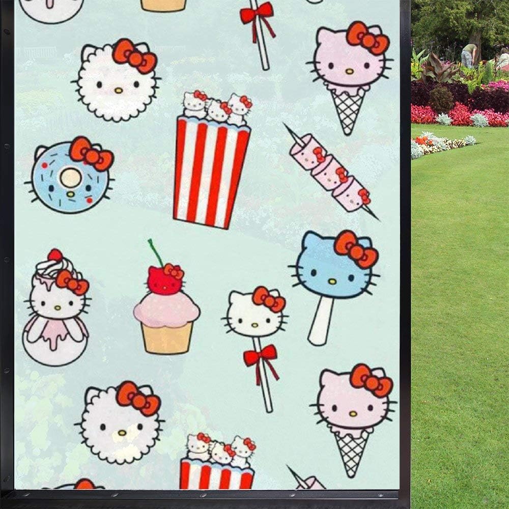 KRISMARIO Hello Kitty&Lots of Food Glass Stickers for UV Rejection Heat Control Energy Saving Privacy Window Film for Home Living, Room,Bedroom,Bathroom, Office, Hotel, etc.