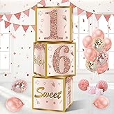 Guiruiy 3Pcs Sweet 16 Party Decorations Boxes for Girls Women, Pink Rose Gold 16th Birthday Balloons Boxes Party Supplies, Pink Sweet Sixteen Bday Theme Cardboard Box Decor