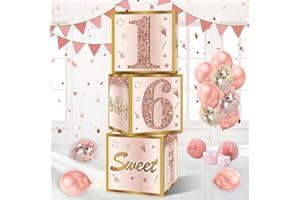 Guiruiy 3Pcs Sweet 16 Party Decorations Boxes for Girls Women, Pink Rose Gold 16th Birthday Balloons Boxes Party Supplies, Pink Sweet Sixteen Bday Theme Cardboard Box Decor